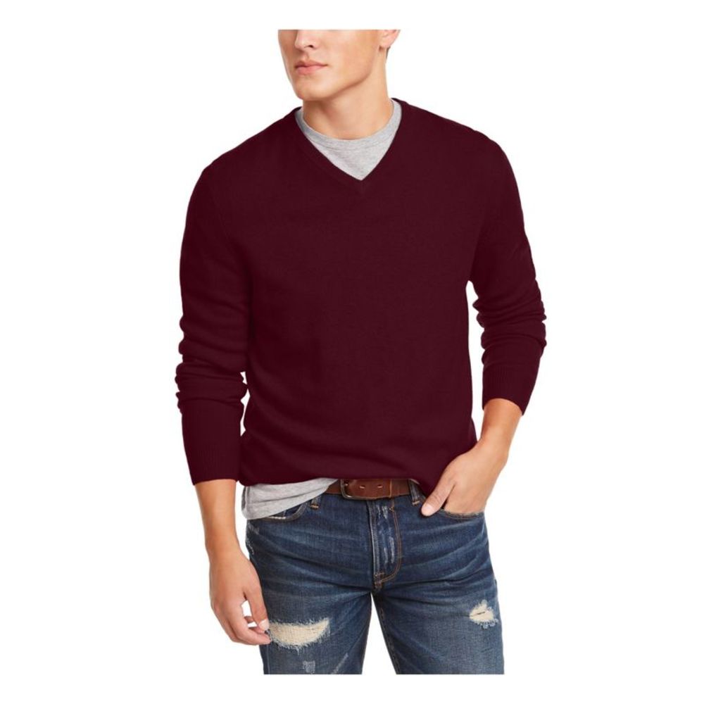 CLUBROOM Mens Burgundy V Neck Classic Fit Pullover Sweater M